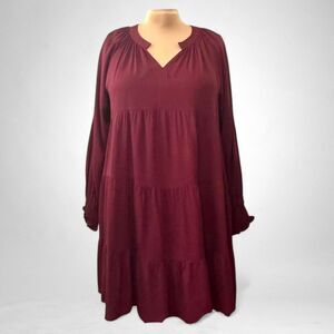 EASEL Long Sleeve Woven Tiered Burgundy Dress, NWT! Size 2X